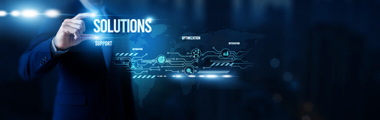 Businessman hold word Solutions, enterprise problem-solving platforms, innovative digital tools,...