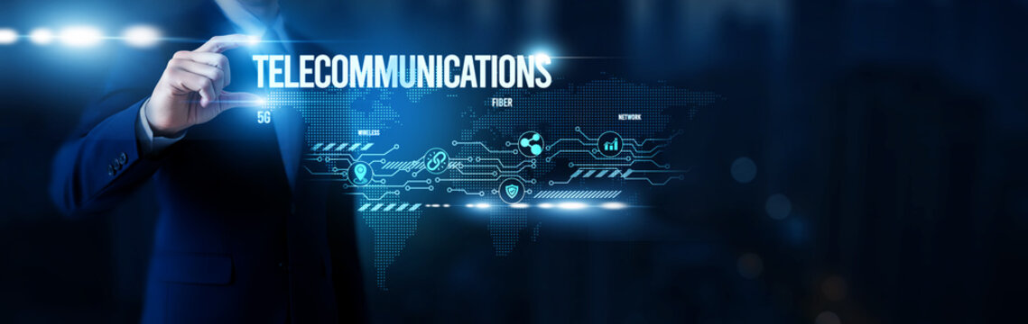 Businessman hold word Telecommunications, global connectivity systems, mobile communication platforms, broadband infrastructure, digital networking solutions and global network.