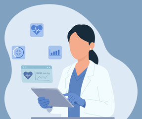 A female doctor uses a tablet to analyze patient health data, including heart rate and vital signs, representing modern digital healthcare technology