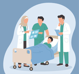 A medical team, including a doctor in a hijab, collaborates at a patient's bedside, reviewing digital test results and discussing a treatment plan