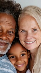 A warm close-up portraying young and elderly generations interacting under soft natural light with a minimal neutral background.