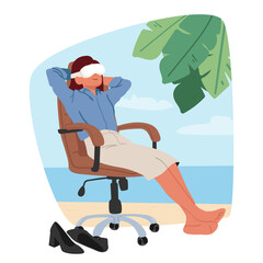 Young businesswoman wearing VR goggles relaxing using at tropical beach simulator for stress relief