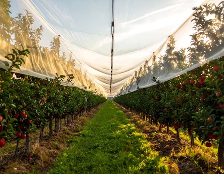 Orchard rows covered with protective netting