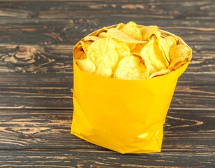 Bag of potato chips on wooden table