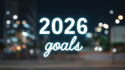 Vision board for future aspirations featuring the text "2026 goals" with a blurred city background.