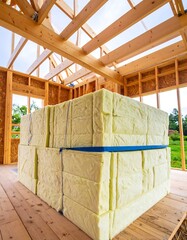 Interior of a wooden framed house under construction, with insulation blocks