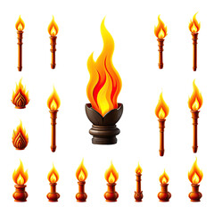 Fototapeta premium Set of burning torches and fire objects, glowing and bright