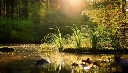 Obraz premium Detail Of A Forest Landscape With A Plant In The Pond Illuminated By The Sunlight