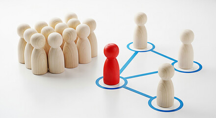 Obraz premium Red wooden figure leading a network of team members showing leadership and connection in business