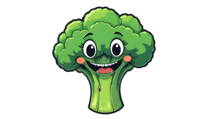 Cartoon broccoli with a cheerful expression isolated on transparent background