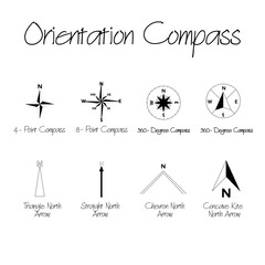 Orientation compass and north arrow symbols including 4-point, 8-point, 360-degree compass and directional arrows for architectural plans