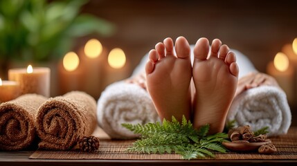 Relaxing spa scene with serene feet, candles, and towels.