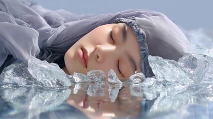 A serene Asian woman resting on ice, surrounded by crystal-like fragments.