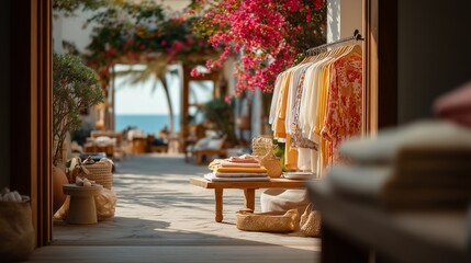 Bright beachside boutique filled with colorful clothing and flowers.