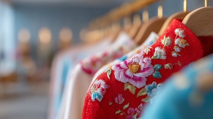 Colorful embroidered garments hanging in a boutique display.