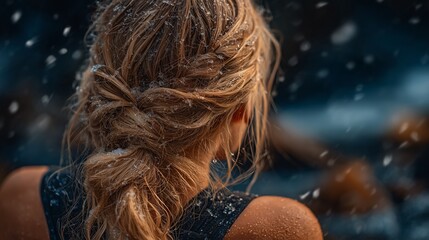 Blonde woman in a braid, snowflakes falling softly around her.