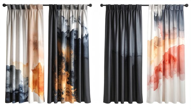 Dual-layer blackout curtains with abstract watercolor outer layer and matte black inner lining, minimal folds, white background.