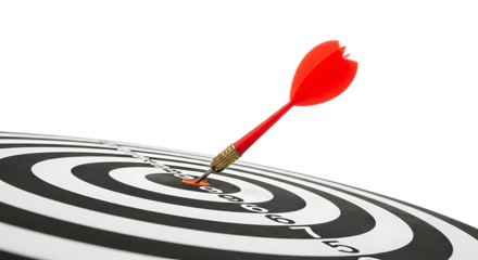 Red Dart Embedded in the Bullseye of a Black and White Target Board game sport cutout PNG isolated on a transparent background
