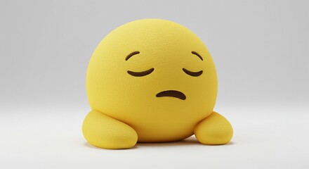A sad, yellow, blob-like emoji character with closed eyes and a downturned mouth, sitting with its hands resting on the ground.