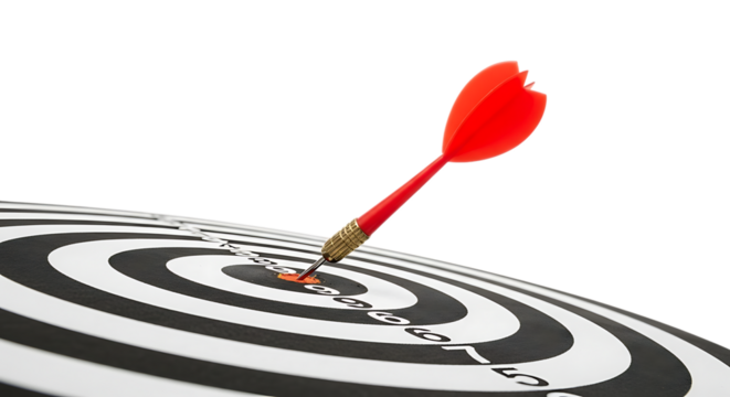 Red Dart Embedded in the Bullseye of a Black and White Target Board game sport cutout PNG isolated on a transparent background