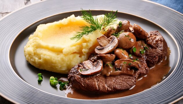 Tagliata Veal With Mashed Potatoes And Mushrooms