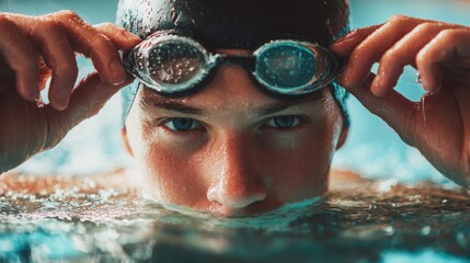 Focus and Determination: A swimmer prepares for the next challenge by adjusting their goggles, conveying a sense of unwavering concentration and an athlete's commitment.