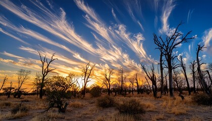 Streaks Of Clouds At Sunset Over Dead Trees