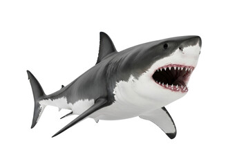 A majestic Great White Shark (Carcharodon carcharias) with deep grey dorsal and white belly, its powerful jaws wide open, revealing razor-sharp teeth, swimming on a transparent seamless studio