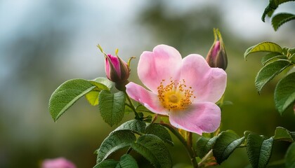 Rose Hips Bloom With Pink Flowers Awakening Of Nature In Spring