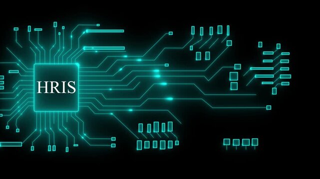H R I S Human Resources Information System Digital Circuit Board Technology Concept Glowing Neon Lines Data Processing Network Connection Futuristic Abstract Background