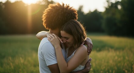 A loving interracial couple embraces tenderly in a sunlit grassy field at sunset, sharing an intimate and happy moment together.