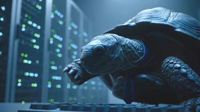 Humorous shot of a tortoise in a business tie working in a data center with server racks