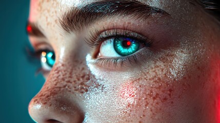 A portrait of an anime-style girl illuminated by vivid neon lights, with bold red-blue facial highlights, dramatic shadows, cinematic contrast, and highly detailed hyper-realistic textures.