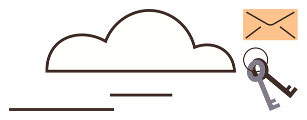 Cloud shape alongside antique keys and an envelope. Ideal for security, privacy, email, storage, technology, connectivity, and accessibility themes. Simple flat metaphor