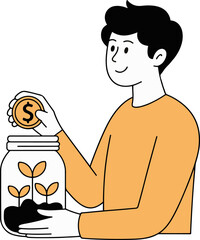 Vector art of a man is putting a coin with a dollar sign into a jar with plants growing inside he is wearing an orange sweater and has short black hair, symbolizing investment and growth