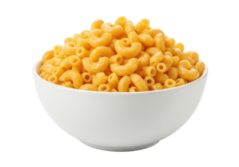 A slightly high-angle shot of a classic white ceramic bowl overflowing with elbow macaroni pasta, coated in a rich golden cheese sauce, on a transparent isolated background. Concept for food