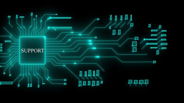 Glowing cyan circuit board with central processor chip displaying the word S U P O R T digital technology concept abstract background