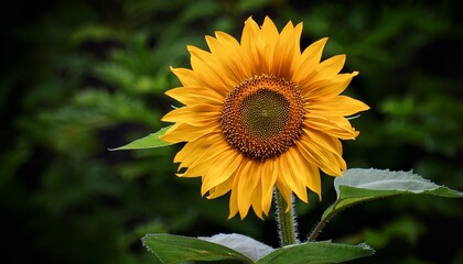 Fototapeta premium A Single Yellow Sunflower With Green Leaves In The Background