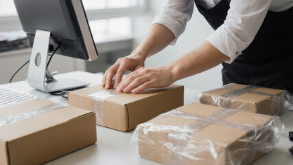 Hands using tape dispenser to seal cardboard boxes in logistics packing station