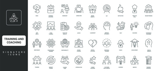 Training program, consulting by mentor and coach, focus on results thin black red outline symbols vector illustration Training and coaching, mentorship, learning for skill development line icon set.