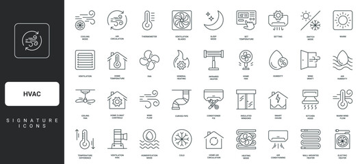 AC and smart control of comfortable temperature, cooling thin black and red outline symbols vector illustration HVAC, heating, ventilation and air conditioning system for home, car line icon set.