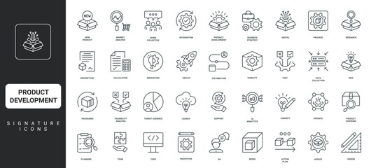 AI Analytics and test, feasibility analysis, action plan thin black and red outline symbols vector illustration Product development, digital idea launch, design process, prototype model line icon set.