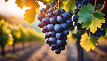 Fototapeta premium Dark Grapes On Vine Fresh Juicy Nature S Bounty Harvesting Vineyard Delight Fruitful Healthy Food