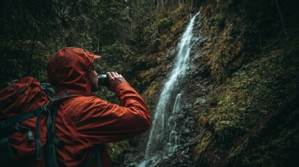 Hiker's Refreshment by Waterfall: A hiker pauses for a revitalizing drink of water near a cascading waterfall, immersed in the tranquil embrace of nature.