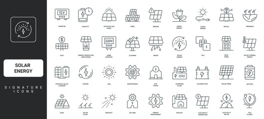 Inverter and smart meter, portable charger thin black and red outline symbols vector illustration Solar energy, photovoltaic panel project, installation on rooftop and repair, cleaning line icon set.