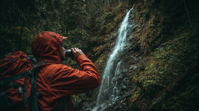 Hiker's Refreshment by Waterfall: A hiker pauses for a revitalizing drink of water near a cascading waterfall, immersed in the tranquil embrace of nature. - Powered by Adobe
