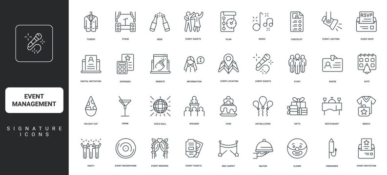 Comprehensive event management promoting and organizing, planning, for elements celebration and party, microphone, tuxedo, tickets, website, featuring set icon events vector illustration