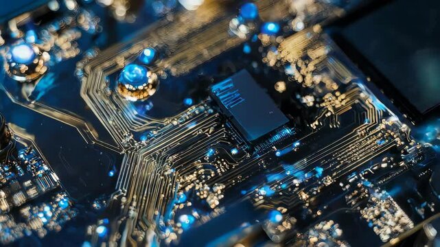 Futuristic Computer Circuit Board with Flowing Data Animation. This background is perfect for themes of technology, data processing, computer hardware, and innovation.