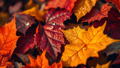 Red fallen leaves. Wet leaves close-up. Full frame perfect collection of autumn leaves
