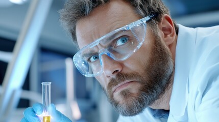 Portrait of a scientist in a futuristic laboratory, wearing safety glasses and lab coat, carefully analyzing a glowing test tube under cinematic blue lighting.